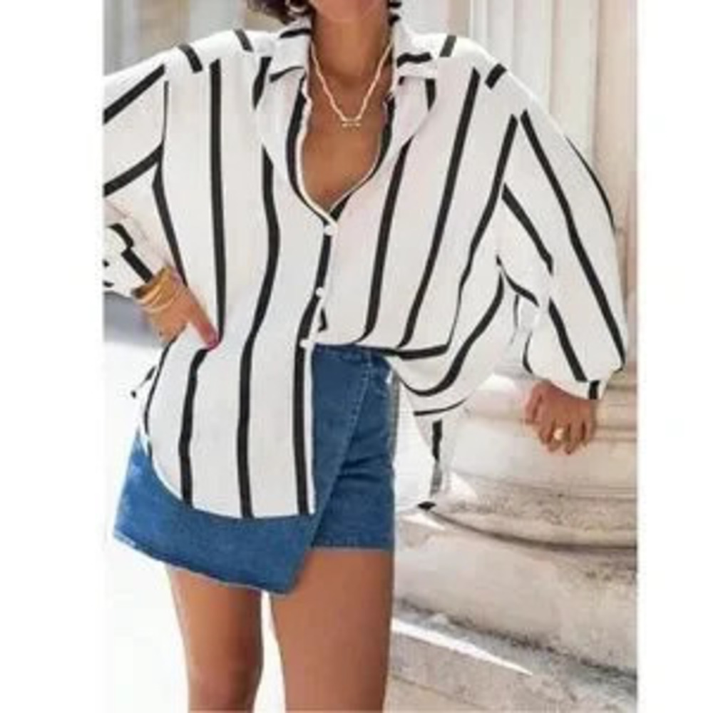White with Black Stripes Oversized Button Down Shirt Long Sleeve - Picture 5 of 5